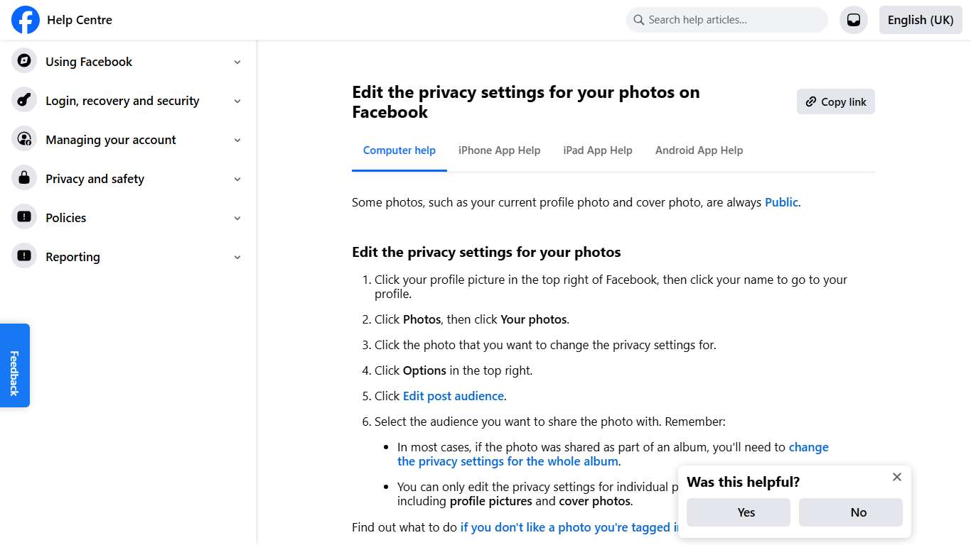 Edit the privacy settings for your photos on Facebook Facebook Help Centre